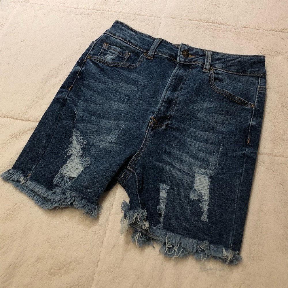 High Waisted Stretchy Denim Distressed Shorts